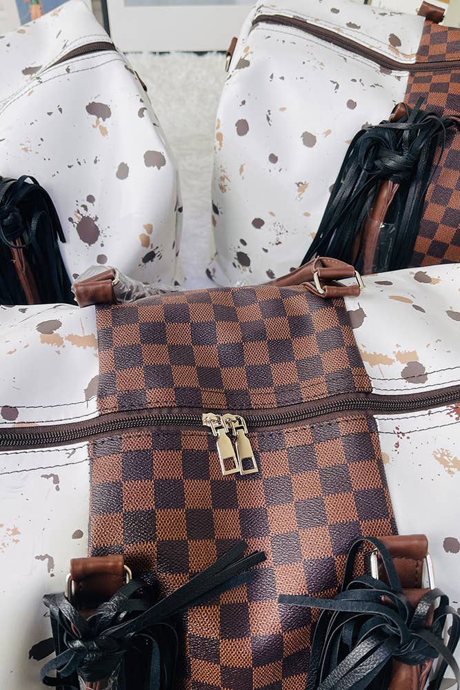 UNISHE - Venta al por mayor Bolsa de viaje - Mujer - Bolso de fin de semana retro occidental con estampado de vaca y cuadros ACC7399