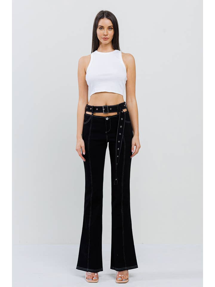 No Vacancy - Wholesale Pants - Women's - Cutout featured stitch belted on bell bottom pants