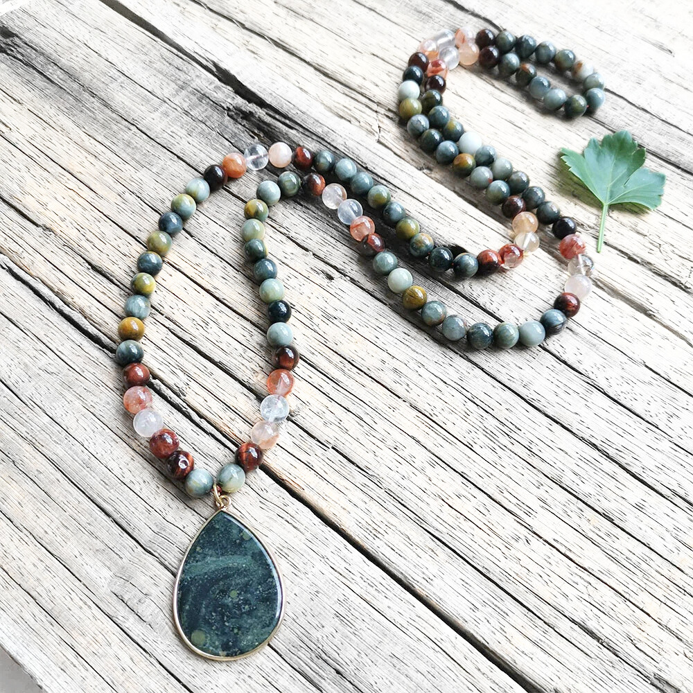 Harmony Mala - Wholesale Prayer Beads Necklace - Red Tiger Eye, Fire Quartz, and Green Eagle Eye Mala Bead Necklace – Grounding & Vitality6