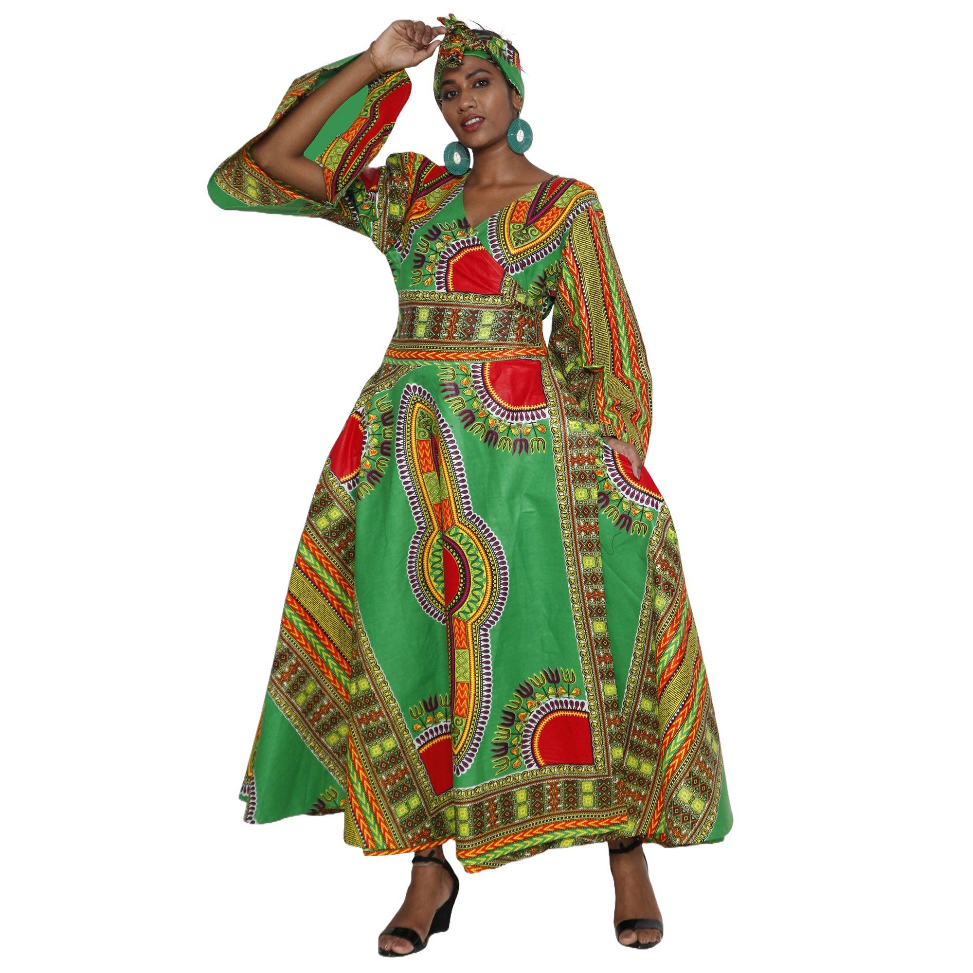 African Stars - Vente Robe – femme - Robe longue cache-cœur à manches longues pour femmes Dashiki -- FI-D56D1
