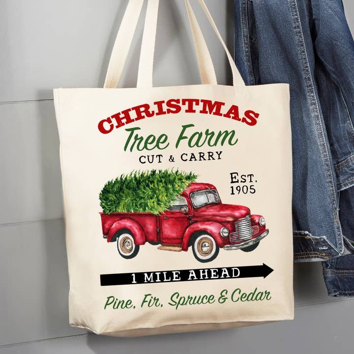 Christmas Trees Farm Red Pick Up Truck Bolsa de lona de 12 oz para venta al por mayor de Avery Lane Gifts