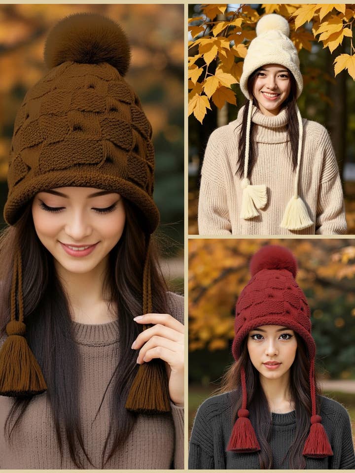 Chunky Knit Beanie with Pom-Pom and Tassel Ties for wholesale by JC Sunny Fashion