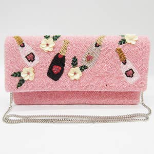 Hand Beaded Pink Clutch, Roses Seed Bead Clutch Bag, Floral Beaded Clutch