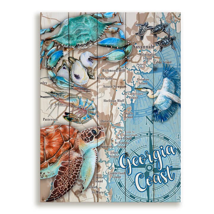 Georgia Coast, GA 18x24 Wood Pallet Map - Ocean Life for wholesale by Map Mom
