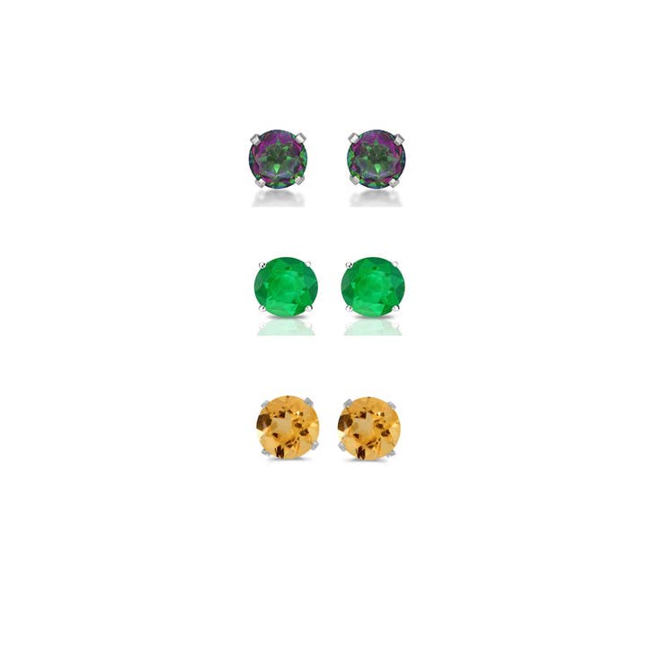 14k White Gold Plated 1Ct Created Mystic Topaz, Emerald and Citrine 3 Pair Round Stud Earrings for wholesale by Paris Jewelry