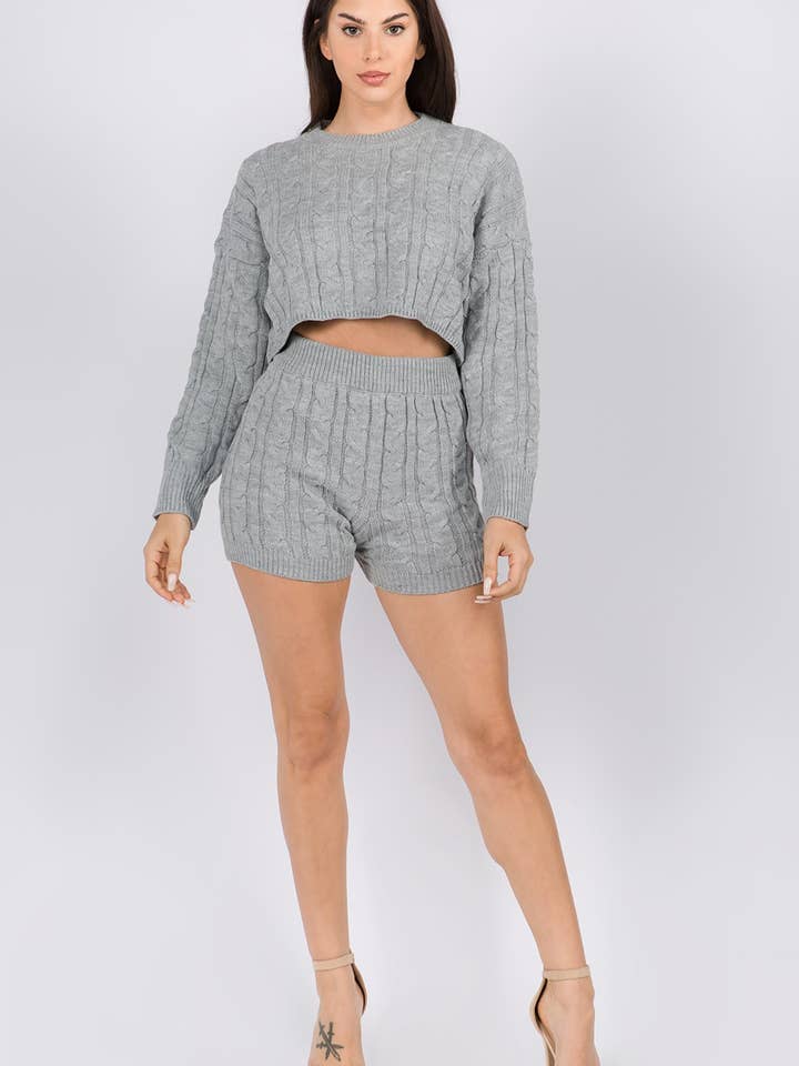 KAY0025_GR-CABLE KNIT ROUND NECK BOXY SWEATER SET for wholesale by Vibrato Clothing