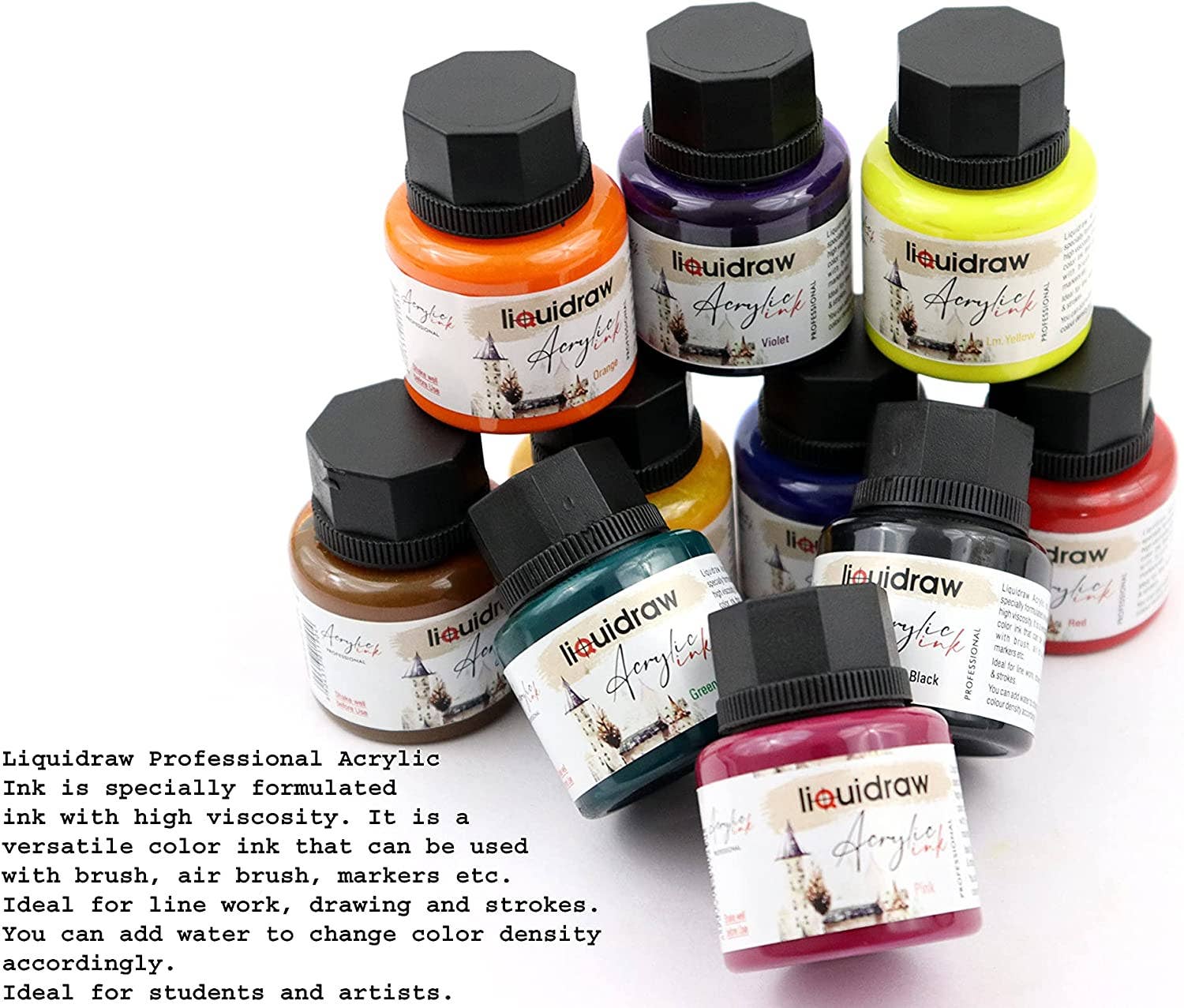 Liquidraw – wholesale Paint set – Liquidraw Acrylic Inks For Artists Set Of 10 Ink Set 35ml Professional For Painting, Drawing, Paints, Art, Brushes4