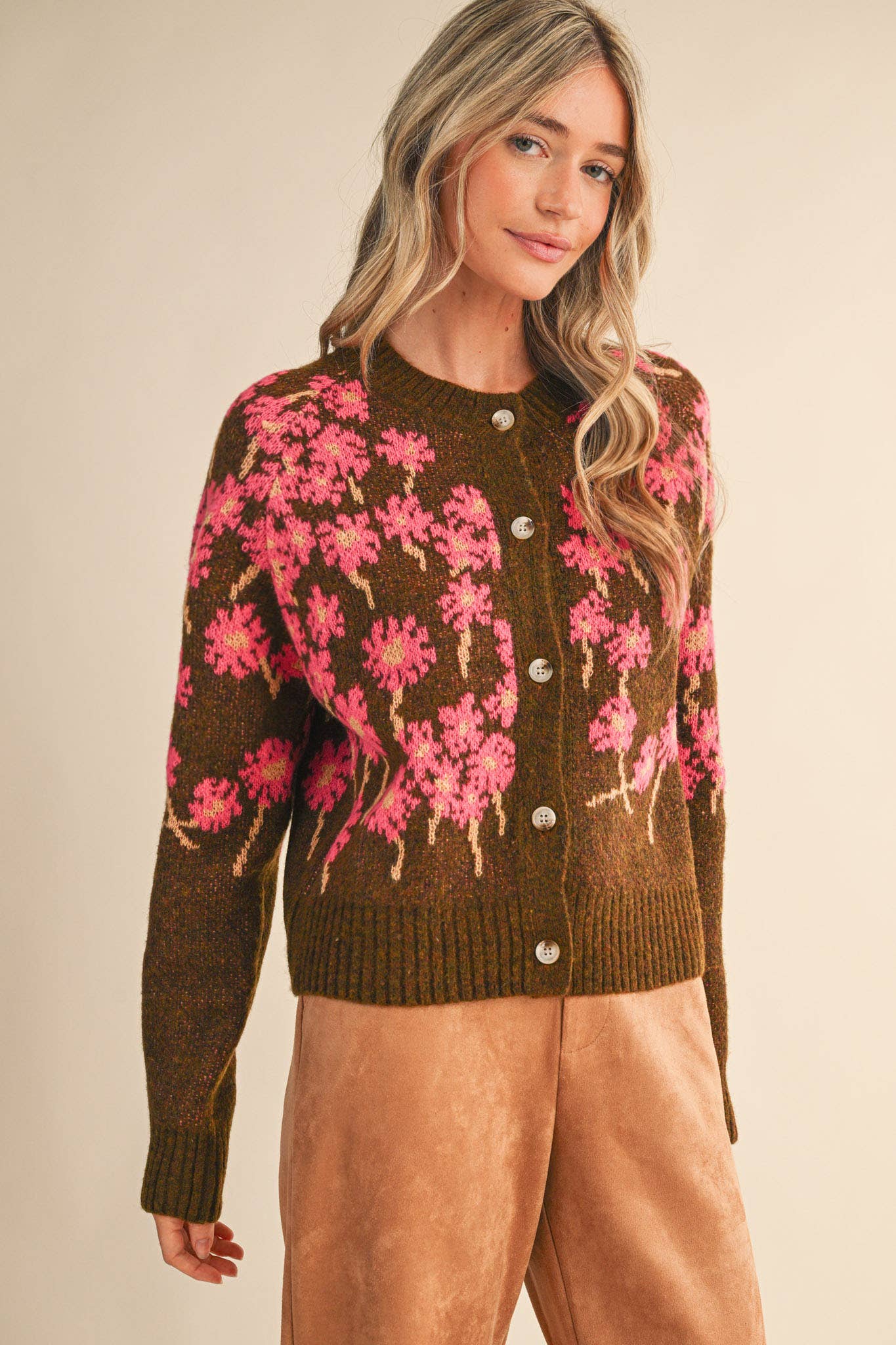 &MERCI - Wholesale Cardigan - Women's - FLORAL KNIT BUTTON DOWN SWEATER CARDIGAN MSW1123843