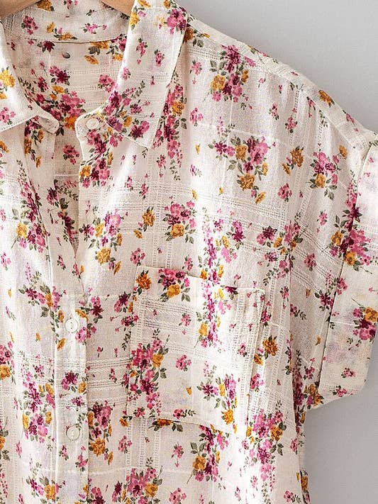 IVORY PINK YELLOW Scattered Rose Print Cotton Shirt with Cuffed Sleeves for wholesale on Faire