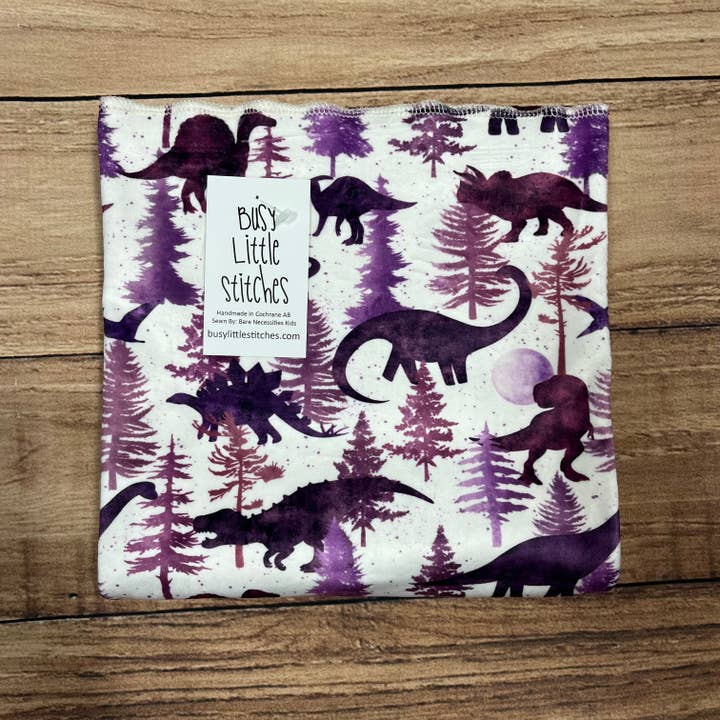 Dinosaur Forest Purple Toddler Blanket for wholesale by Busy Little Stitches