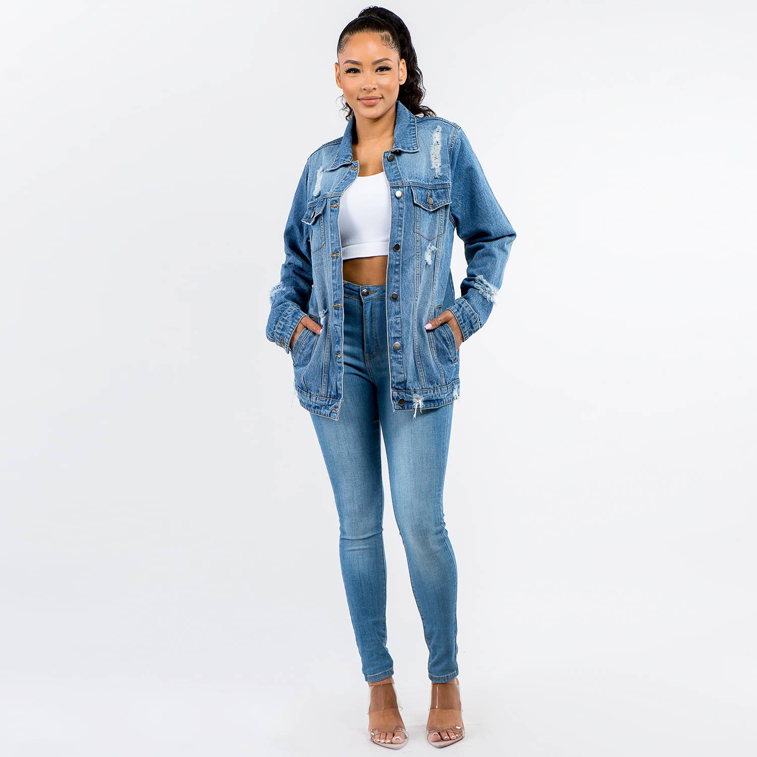 American Bazi - Vendita all'ingrosso Giacca di jeans - Donna - GIACCHE DI JEANS LARGHE TAGLIE FORTI CON STAMPE-RJK30260P4