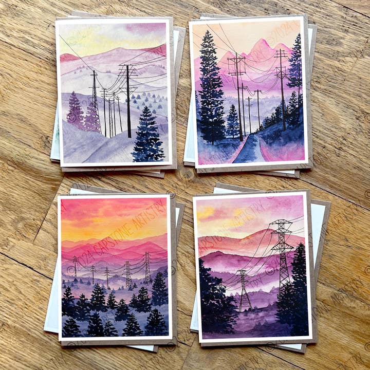 Power Lines and Mountains Handmade Greeting Cards Box Set for wholesale by Capstone Artistry