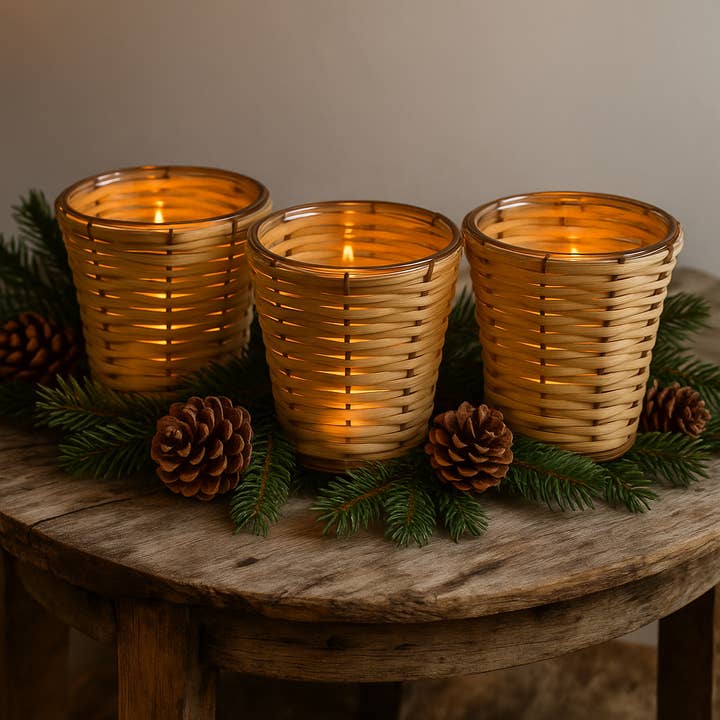 Juego de regalo de 3 mini portavelas decorativos de bambú. para venta al por mayor de Valor Home Goods