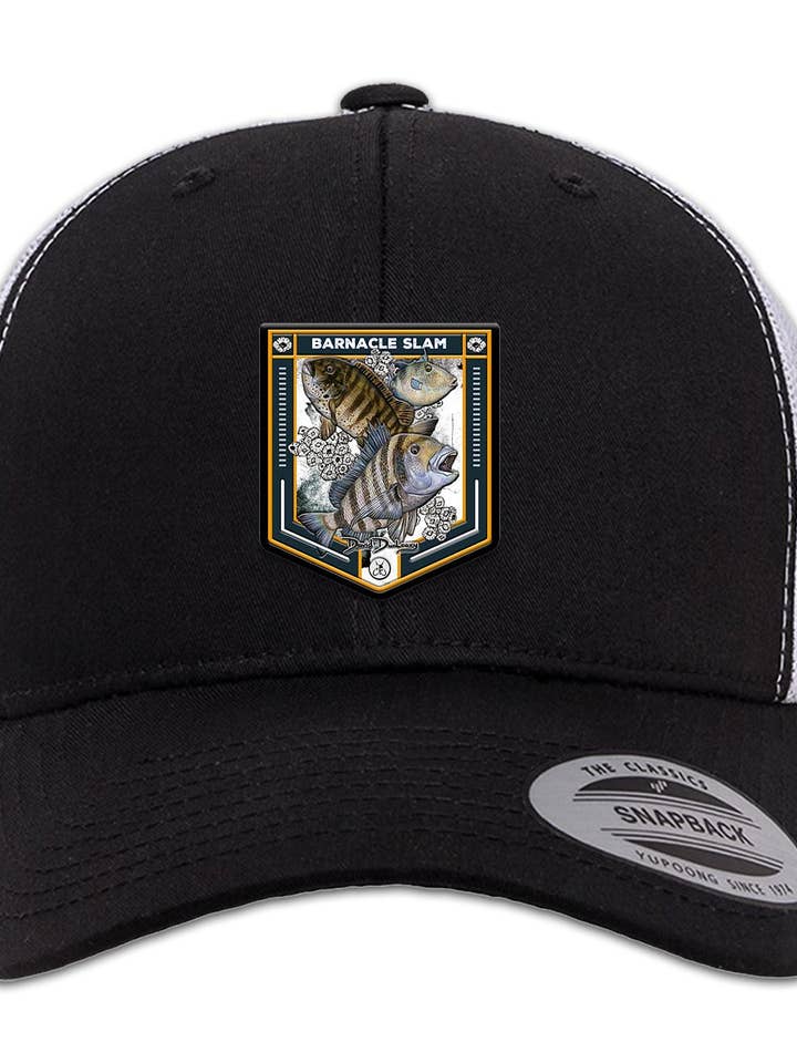 Barnacle Slam 6 Panel Trucker Snap Back Hat Black White for wholesale by David Dunleavy