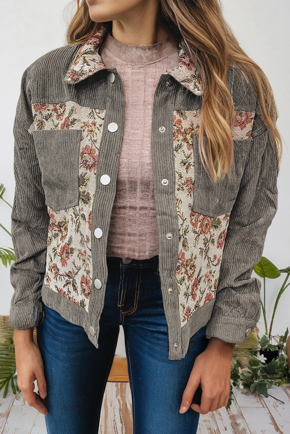 66DISCO - Vente Veste-chemise – femme - Veste style chemise à patchwork floral côtelé occidental (S-4X)2