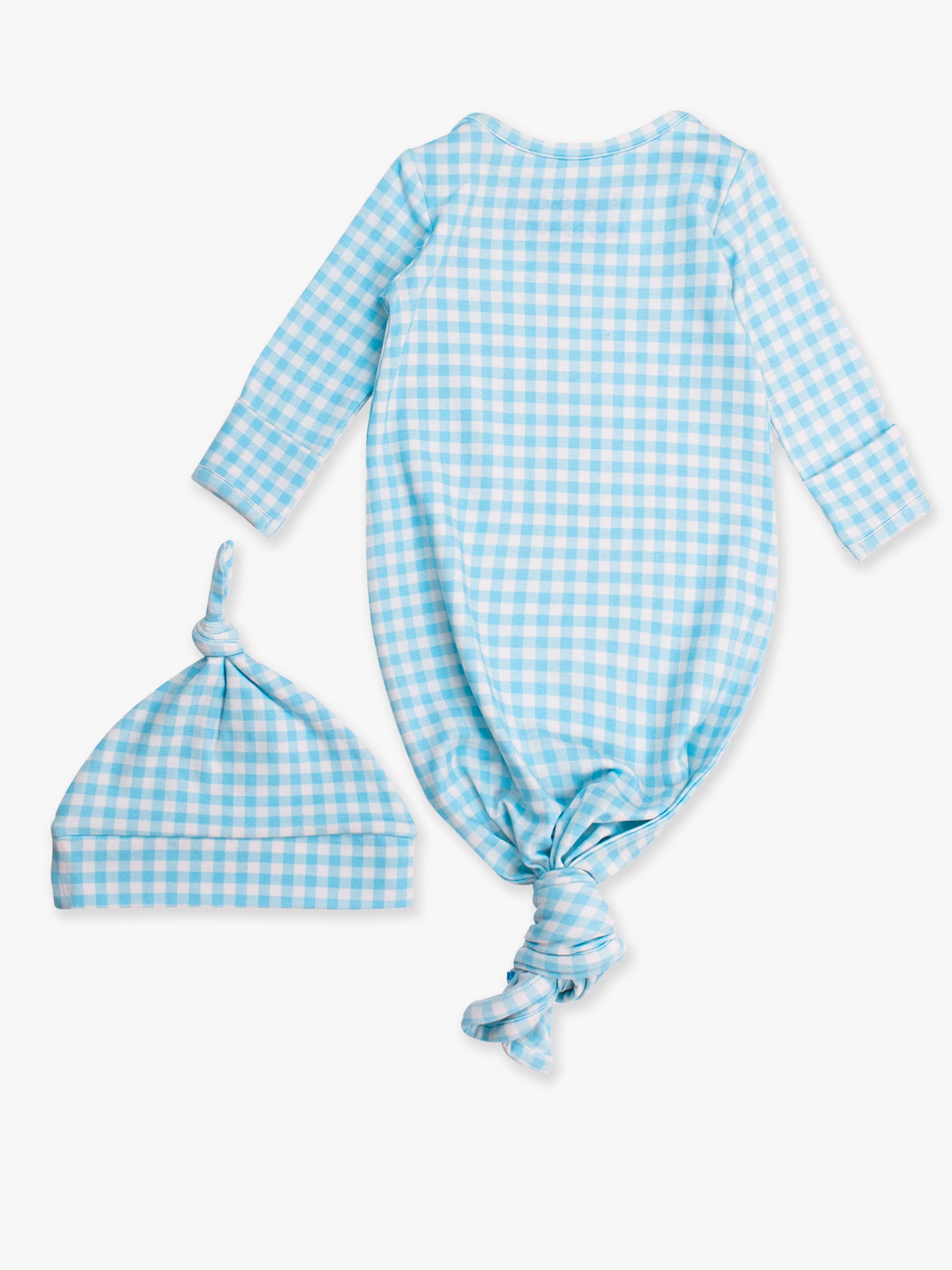 SoftSnooze™ Baby Cotton Modal Blue Breeze Gingham Knotted Sleep Gown & Hat Set for wholesale on Faire11