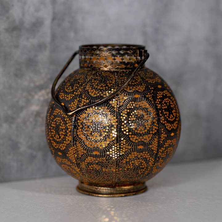 LumaBase - Wholesale Lantern - Battery Operated Bronze Metal Lantern with Cut Out Design