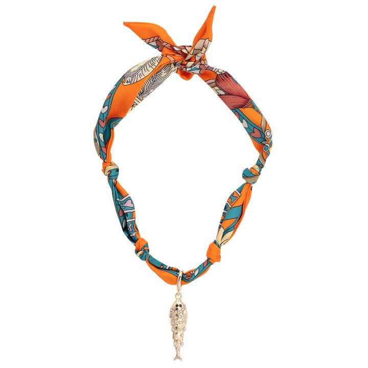 Colette Pave Sardine Scarf Necklace in Orange & Teal for wholesale by Canvas Style