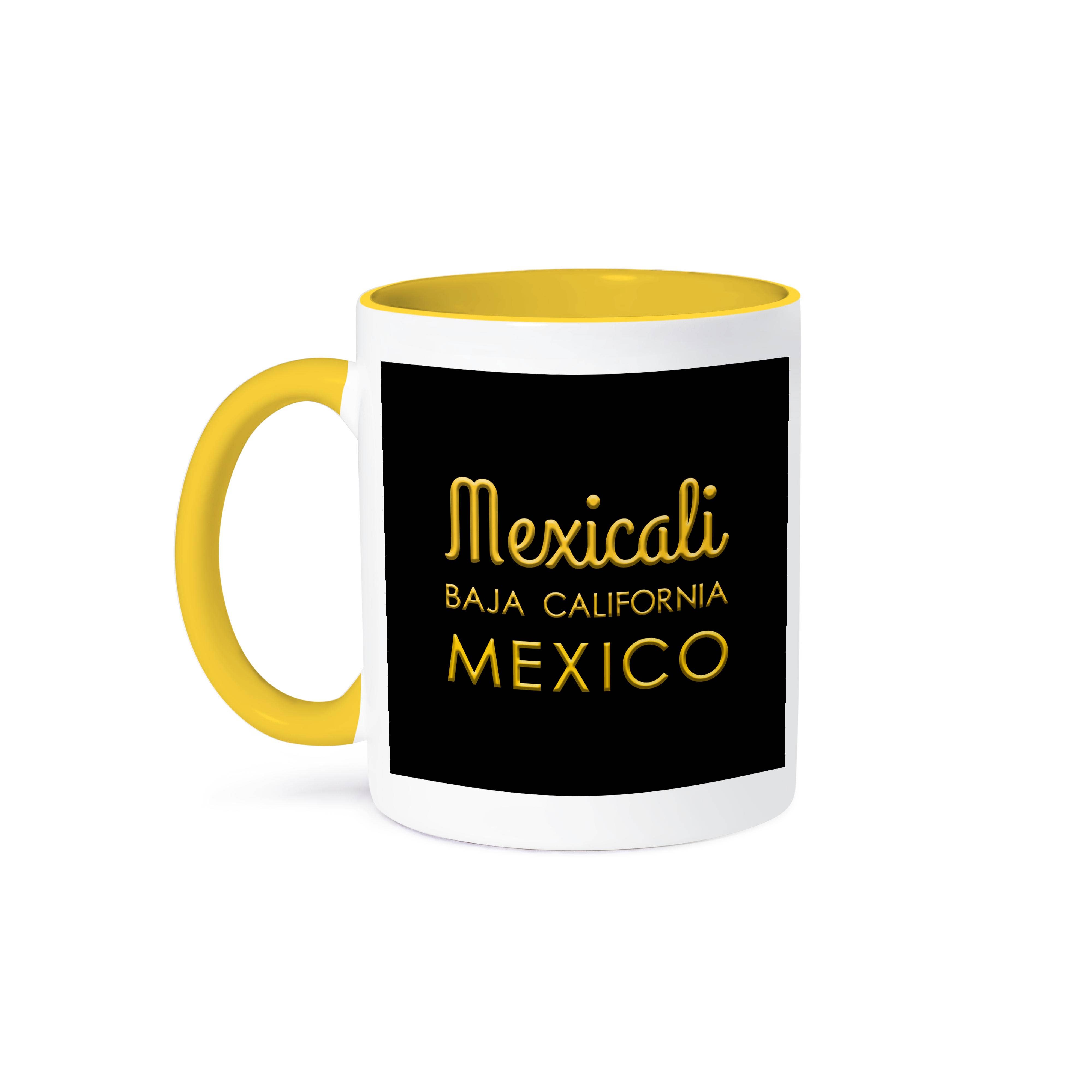 3dRose - Wholesale Coffee Mug - 3dRose, Mexicali, Baja California, Mexico. Yellow text on black amulet, Mug0