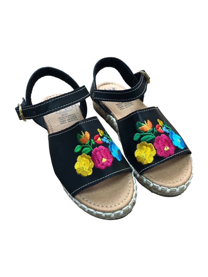 Cielito Lindo - Wholesale Sandals - Women's - Mexican Girl Flower Black Leather Sandals0