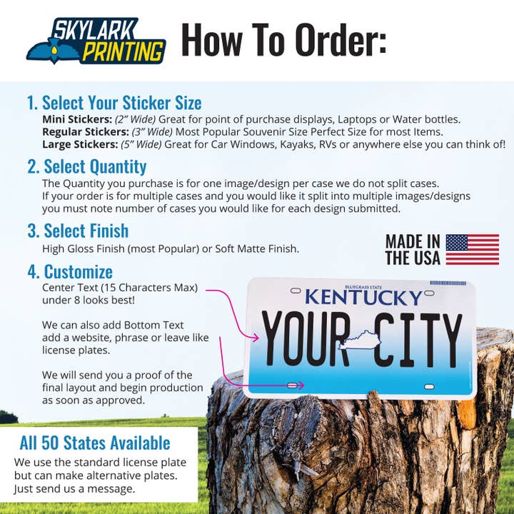 Skylark Printing - Wholesale Sticker - Kentucky License Plate Souvenir Sticker with Your City, Text