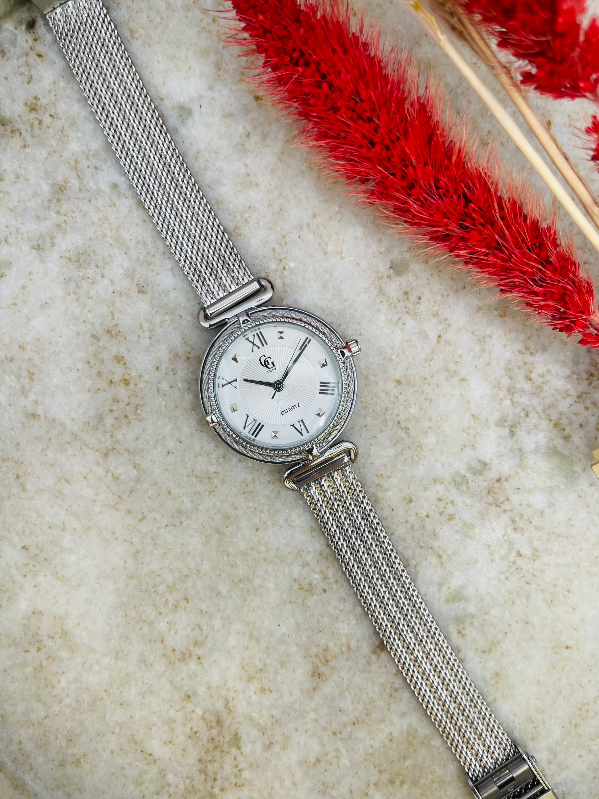 GG LUXE WATCH - Wholesale Wrist Watch - Women's - Soléa Silver Watch – White Roman Dial, Milanese Mesh Bracelet0