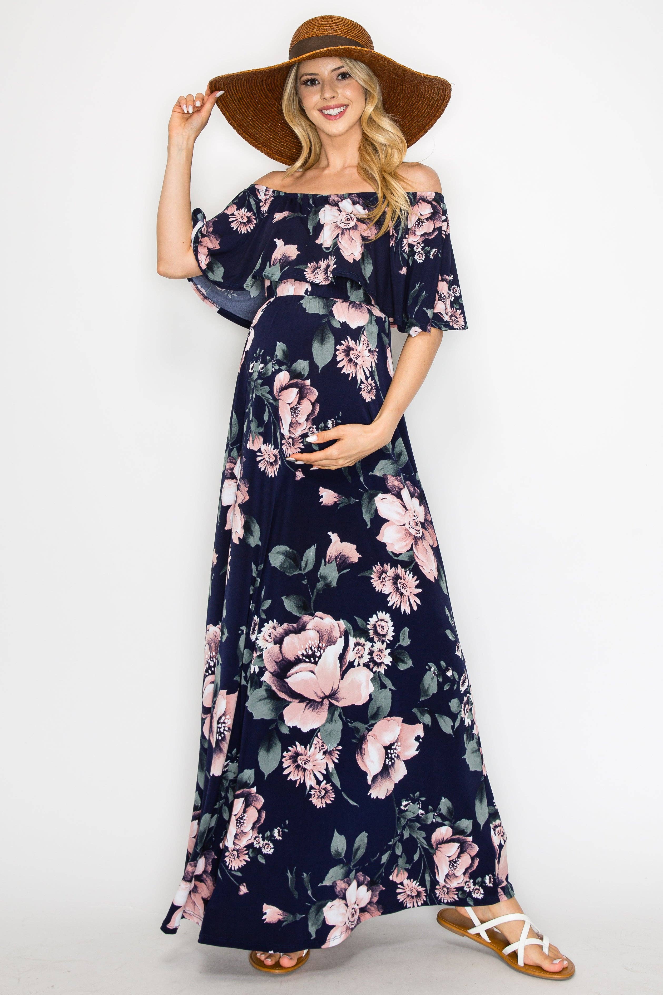 Navy Mauve Maureen Floral Off Shoulder Maxi Dress for wholesale on Faire0