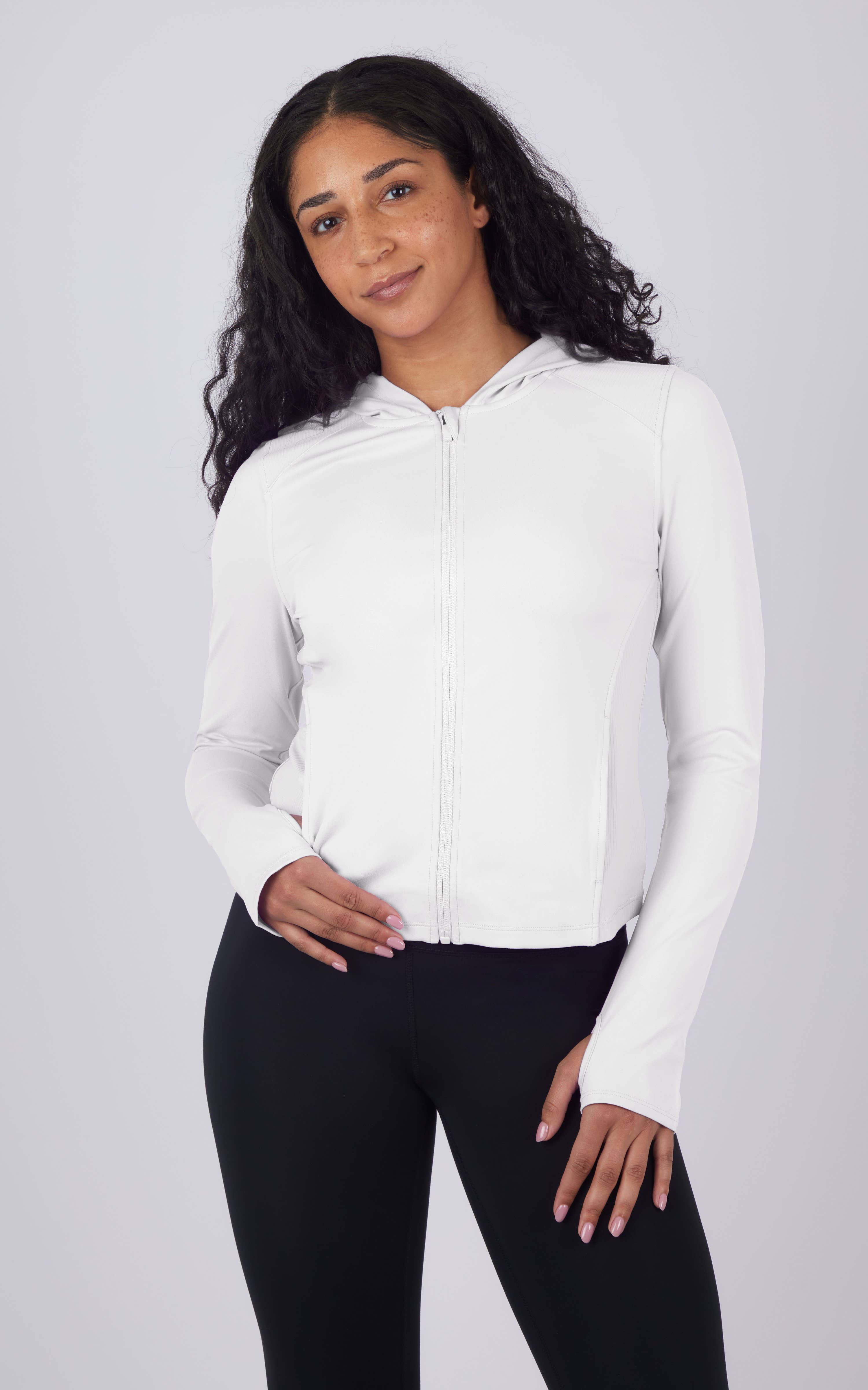 90 Degree by Reflex & Yogalicious - Venta al por mayor Chaqueta deportiva - Mujer - Chaqueta con capucha y cremallera completa Lux para mujer con paneles de canalé3