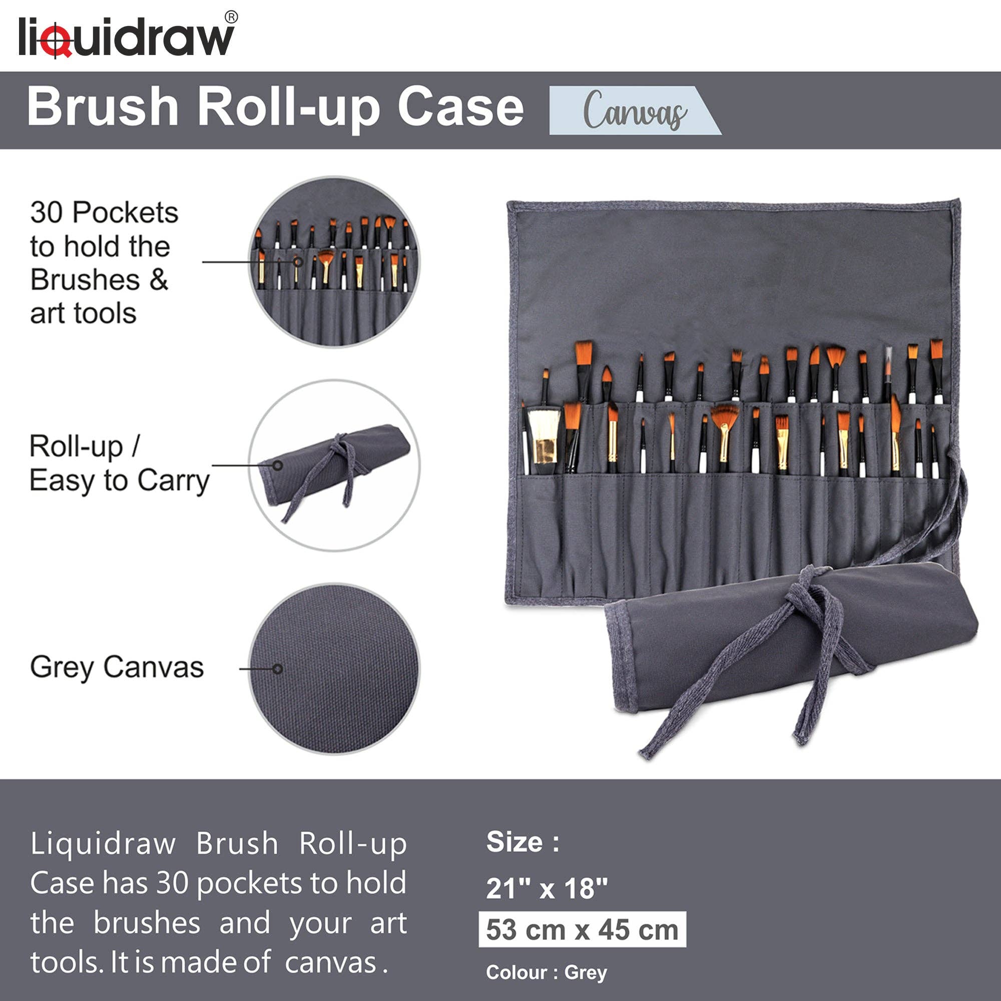 Liquidraw – wholesale Paint/wax brush – Liquidraw Paint Brush Holder 30 Pocket Roll Up Brush Bag Case Storage Pouch Make up Brush Case, Grey1