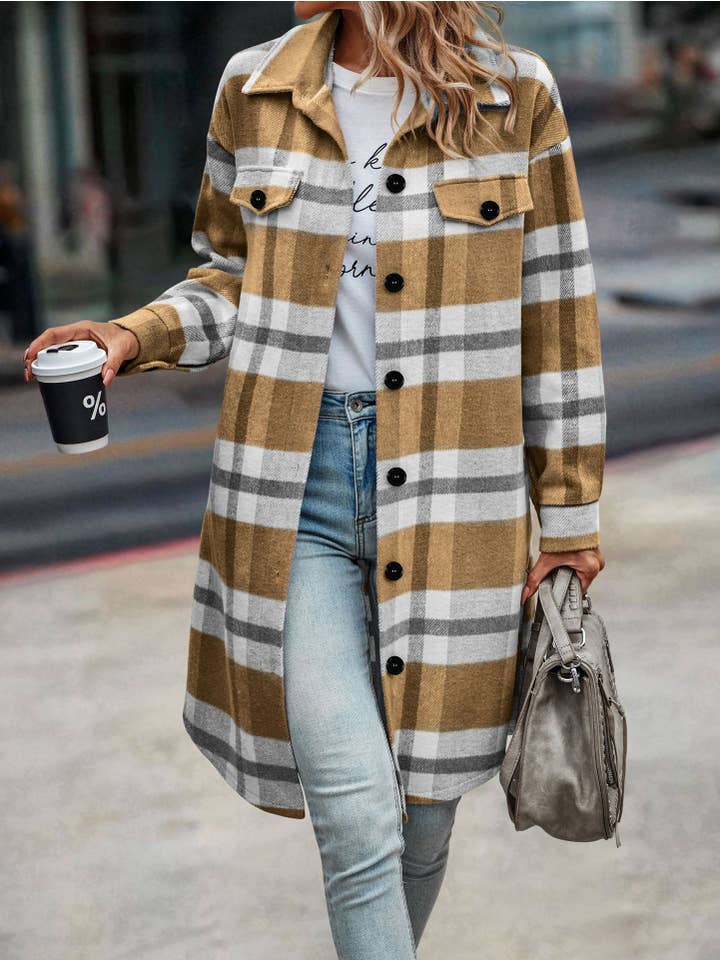 eLook - Vente Manteau – femme - Manteau long boutonné à carreaux SZ1-JK821171