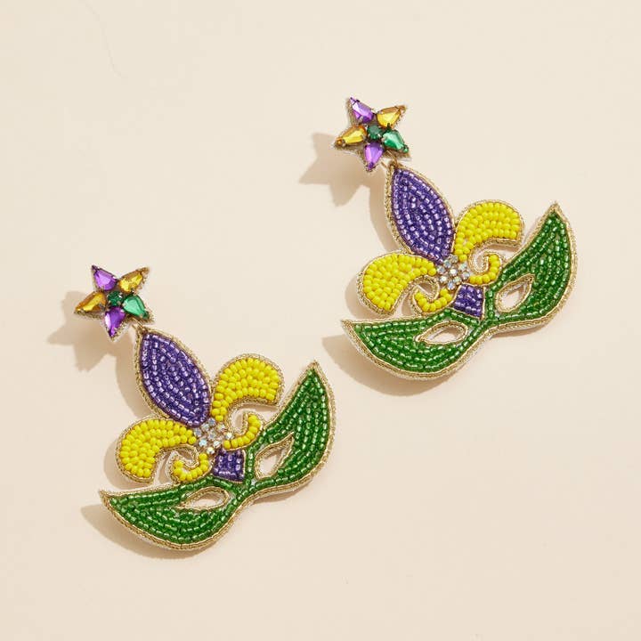 Mardi Gras Mask and Fleur-de-Lis Beaded Earrings Festive Carnival Jewelry for wholesale by Lilla Haven
