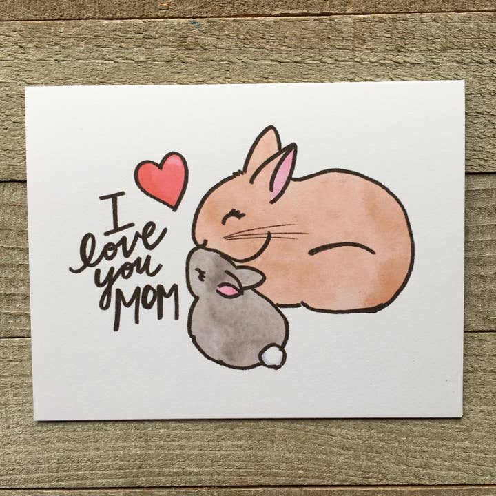 Carte de fête des mères de lapin I love you pour la vente par Ink Delights