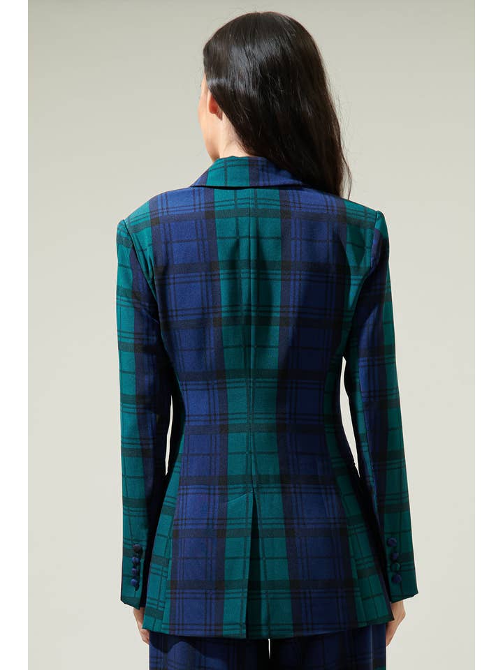 NAVY GREEN MULTI Hudson Plaid Suave Fitted Notch Lapel Blazer for wholesale on Faire