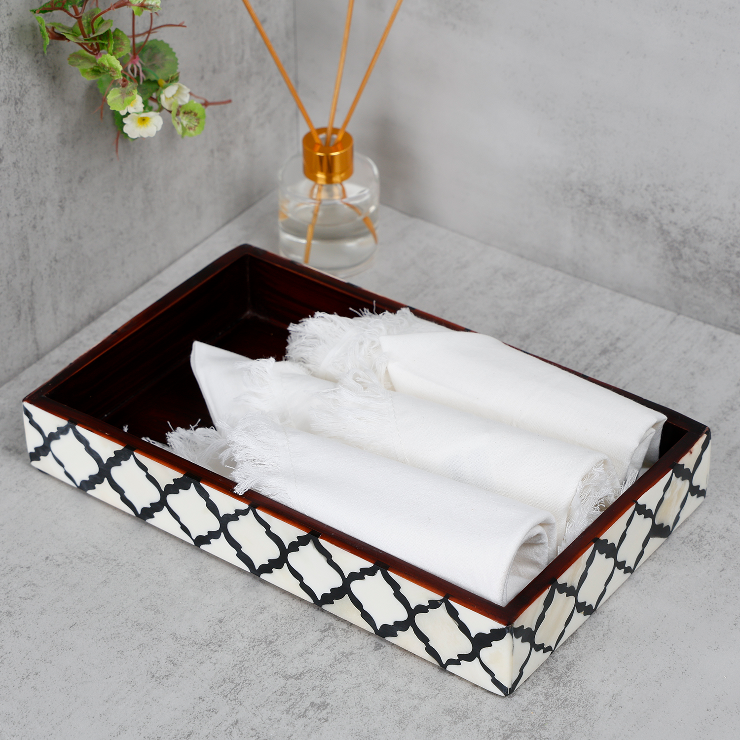 Black White Vanity Trays Moroccan Pattern Bone & Resin Inlay Collection for wholesale on Faire6