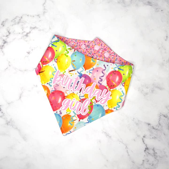 Birthday Girl Balloons Reversible Dog Bandana (Snap Closure) for wholesale by BibbyBubby