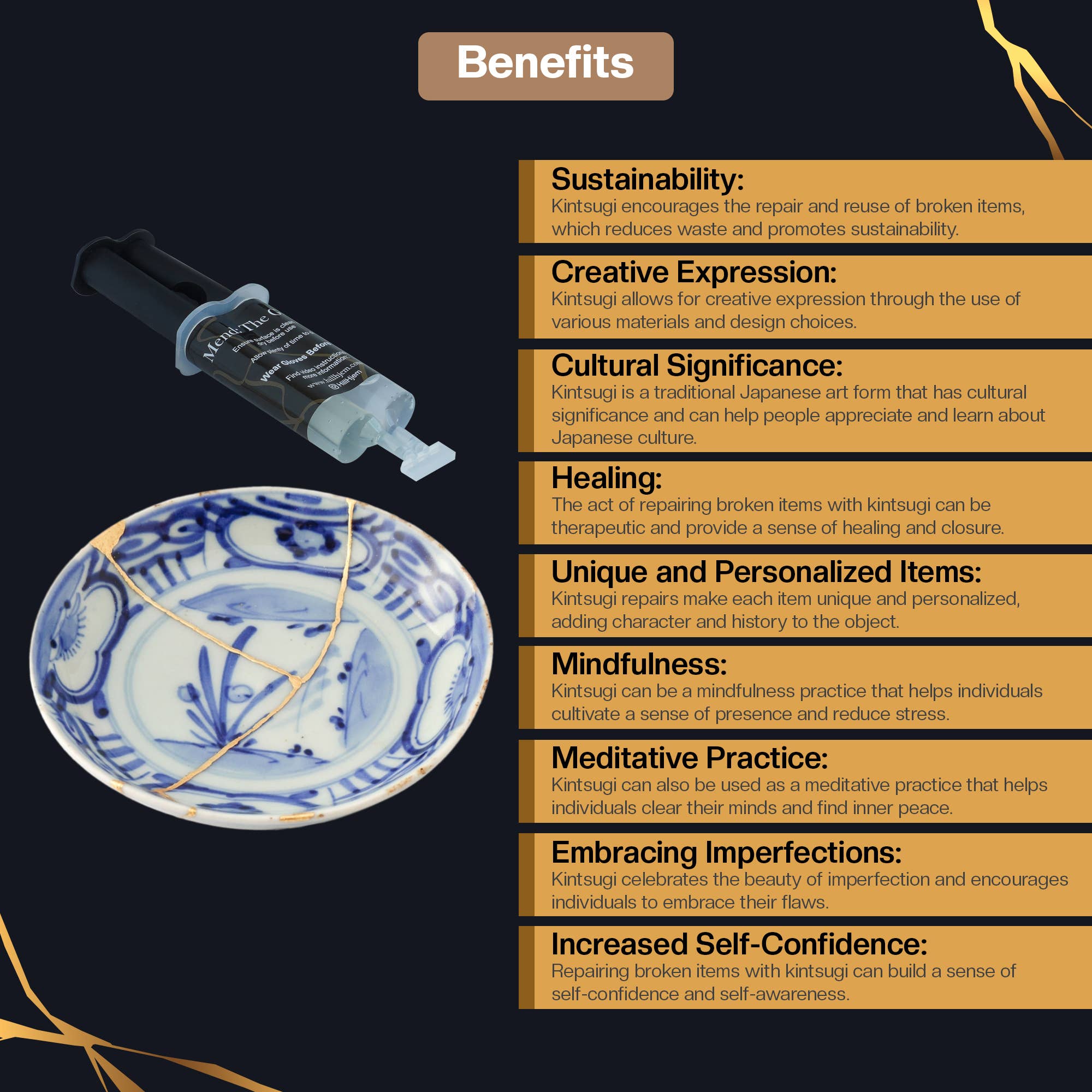 Hill Hjem - Vente Kit de bricolage - Kit de réparation Kintsugi doré - Sécuritaire pour les aliments8