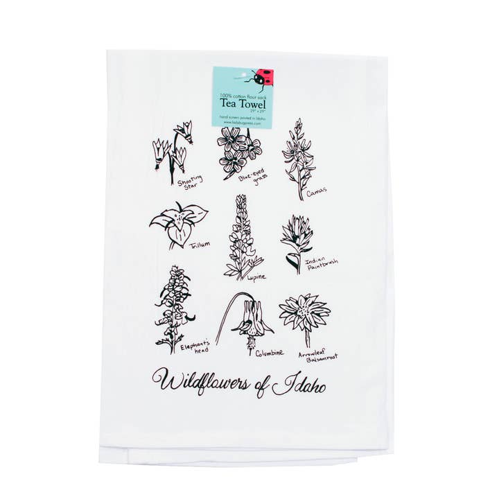 Wildflowers of Idaho Screen Printed Tea Towel, flour sack for wholesale by Ladybug Press