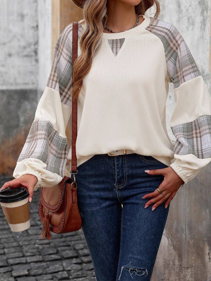 Contrast Color Plaid Stitching Pullover Casual Sweatshirt for wholesale by Rosa Clothing