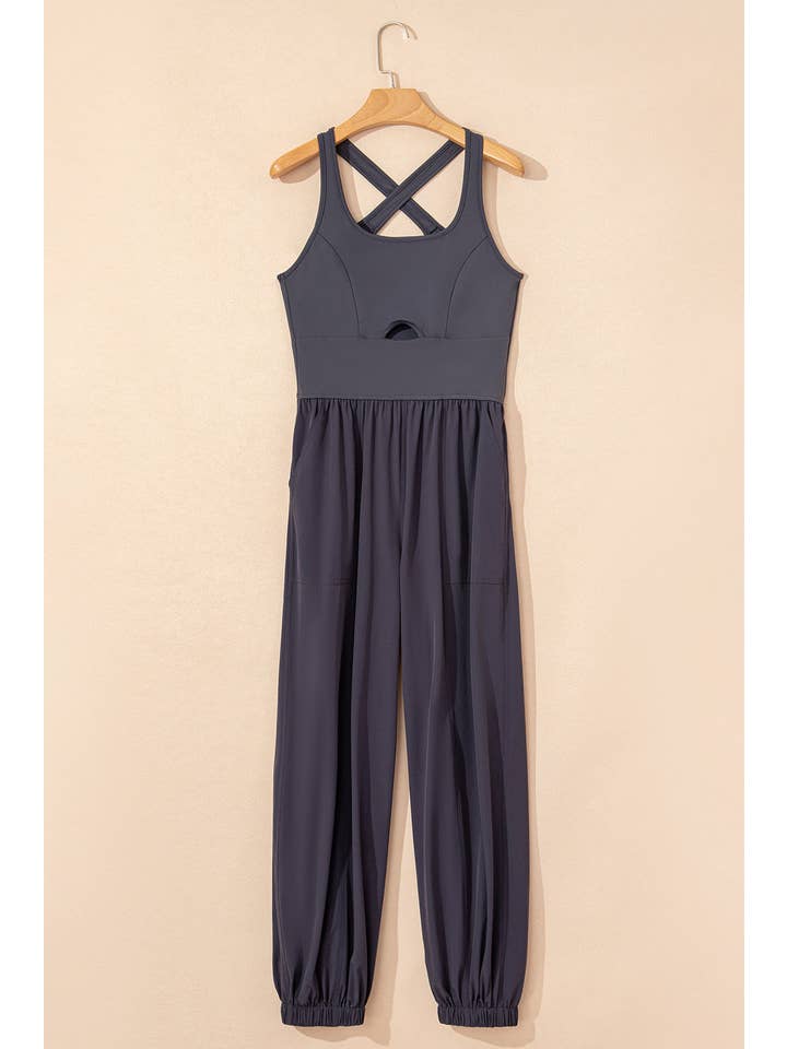 Carbon Grey Solid Cross Back Jogger Jumpsuit for wholesale on Faire