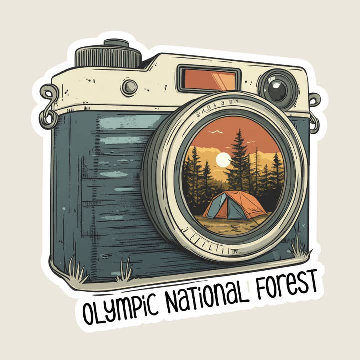 Mountain Camping Scene Vintage Camera Custom Sticker (M1158) for wholesale by Shoreline Summit