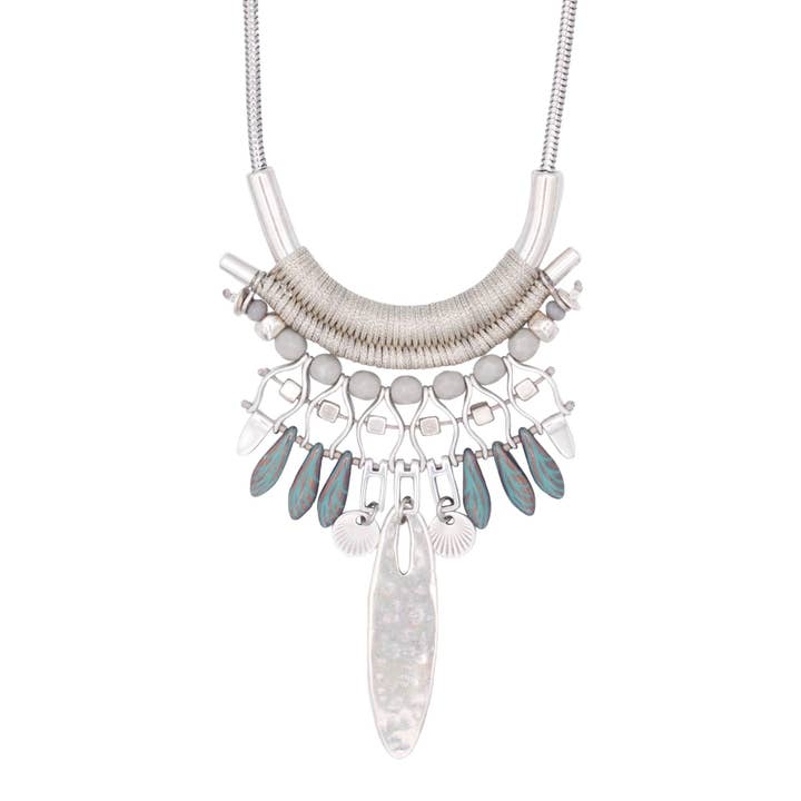 Striking PISIMBALÁ necklace in silver and teal for wholesale by Araracuara