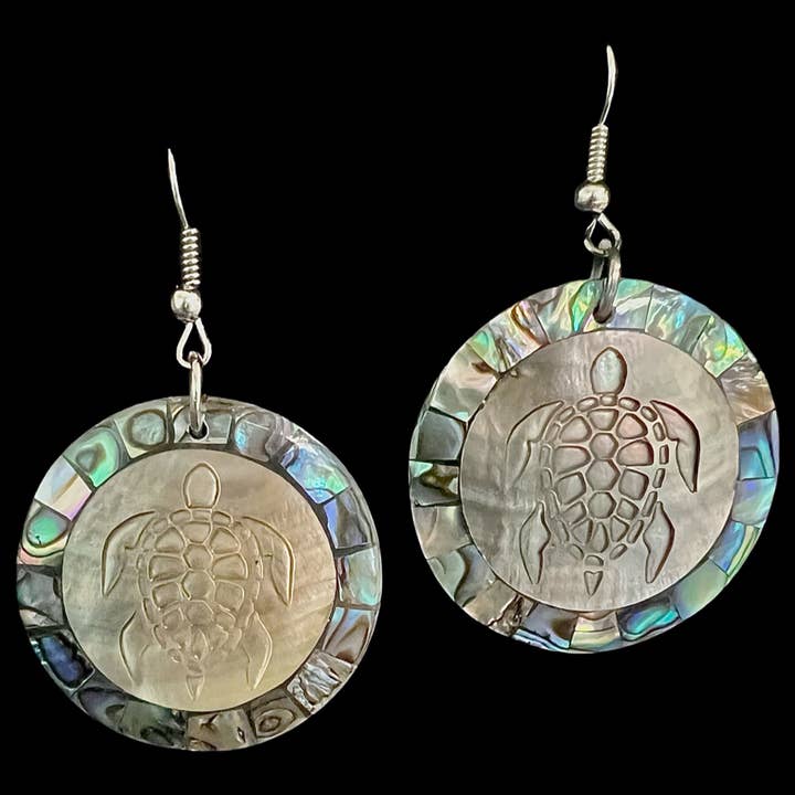 Bamboo Source Tropical Decor - Wholesale Dangle Earrings - Abalone Etched Turtle Earrings