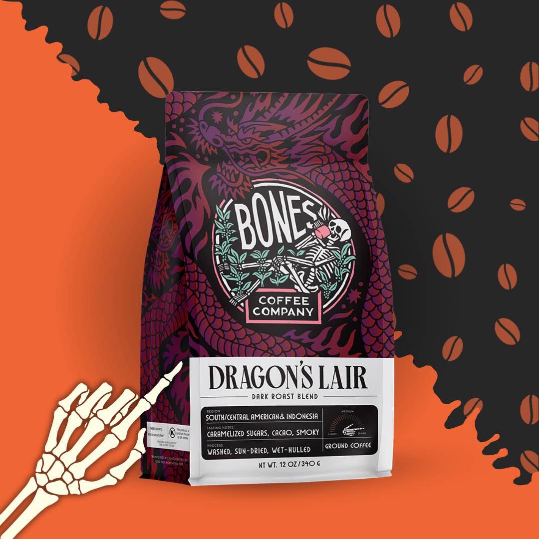 Bones Coffee Company - Wholesale Coffee Beans - Dragon's Lair Dark Roast Coffee | 12oz | Whole Bean & Ground