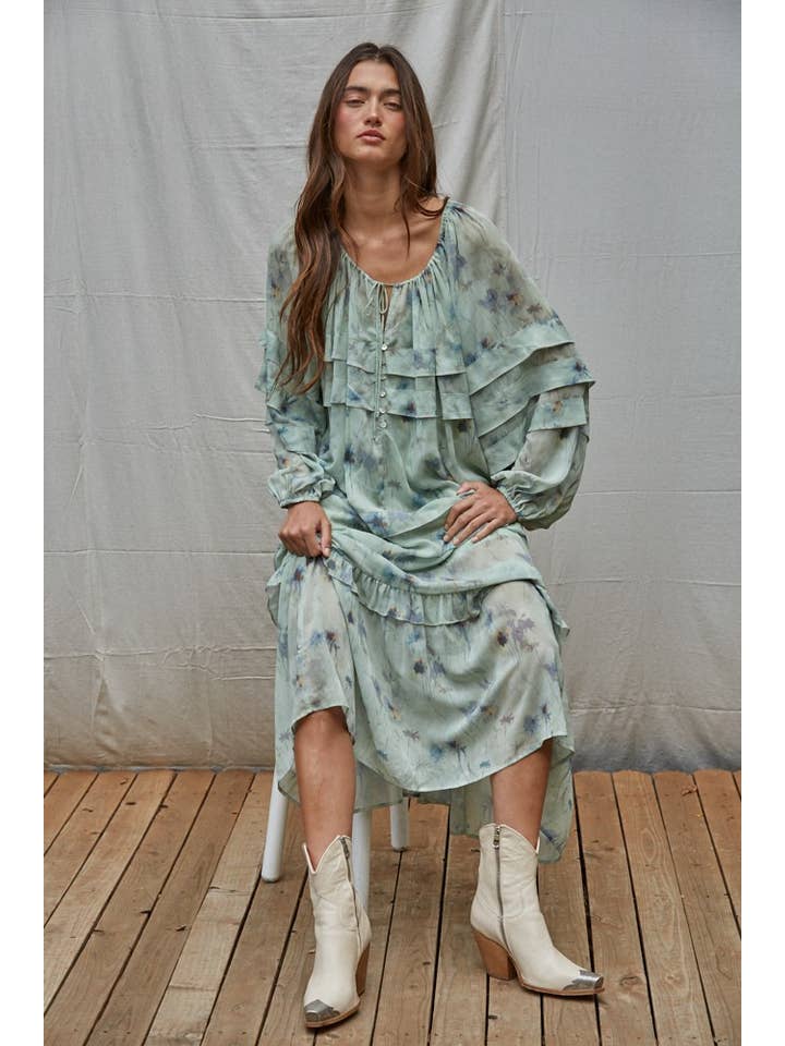 Sage Multi L8813 | Woven Polyester Floral Ruffled Flare Maxi Dress for wholesale on Faire2