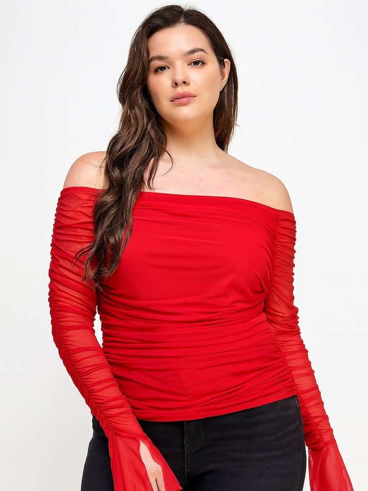 Plus Size Over the Shoulder Ruched Mesh Top JK18615-T for wholesale by Haute Fox Plus Size & Contemporary