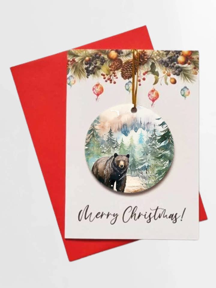 Tarjeta navideña con forma de oso del bosque de invierno y bola desmontable para venta al por mayor de Homemade Hollydays Wholesale
