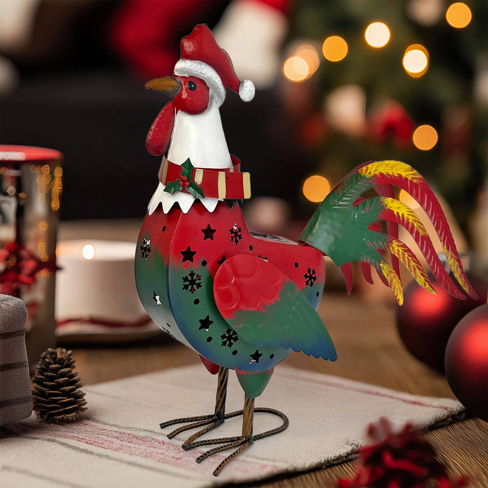 Liffy - Vendita all'ingrosso Ornamenti/decorazioni per esterni - Statua di Gallo Solare di Natale in Metallo per Decorazione da Giardino0