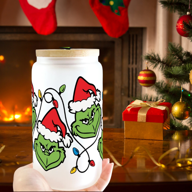 MySunshineCandless - Wholesale Drinkglas/beker - Kerst Grinch Beker 16oz Glazen Blikbeker Met Deksel en Rietje0