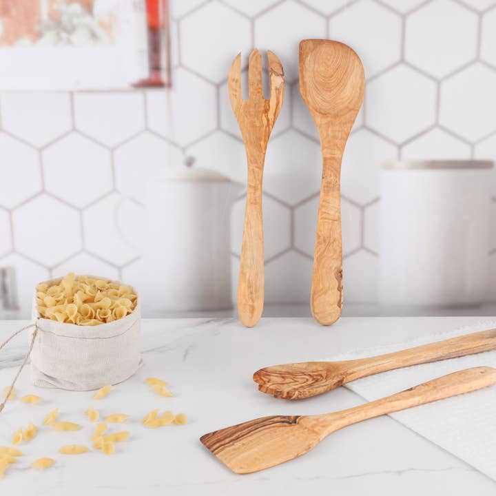 Krafts GmbH Olive Wood - Vente Assortiment d'ustensiles de cuisine - Set de 5 ustensiles de cuisine en bois d'olivier avec support3