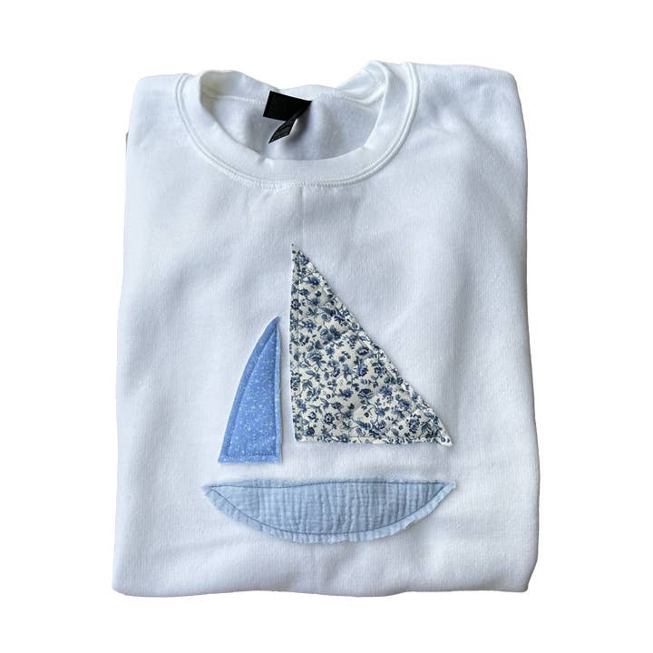 Handmade Patchwork Sailboat Gildan Crewneck Sweatshirt for wholesale by Slow Rise LLC
